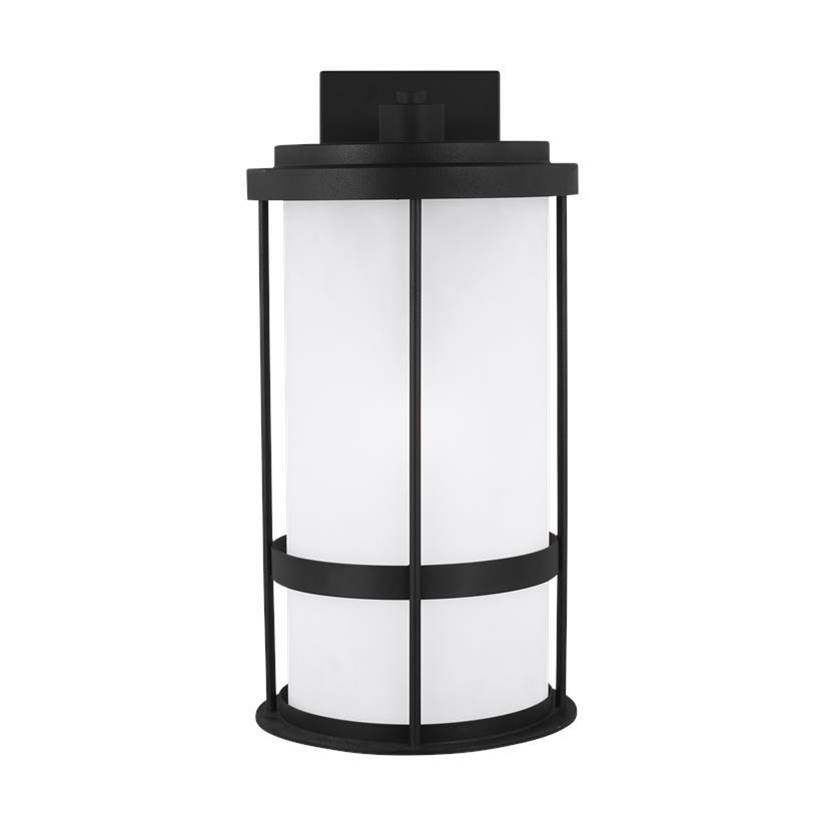 Generation Lighting Wilburn Modern 1-Light Outdoor Exterior Large Wall Lantern Sconce In Black Finish With Satin Etched Glass Shade
