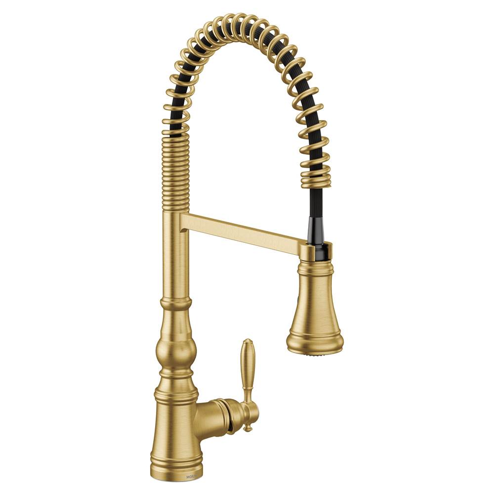 Moen Weymouth One Handle Pre-Rinse Spring Pulldown Kitchen Faucet with Power Boost, Brushed Gold
