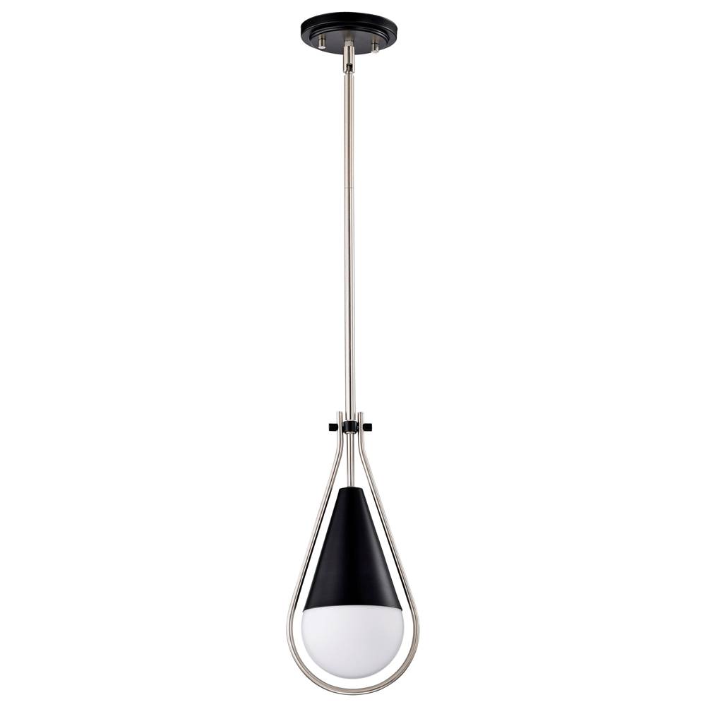 Nuvo Admiral 1 Light Pendant; 6 Inches; Matte Black and Brushed Nickel Finish; White Opal Glass
