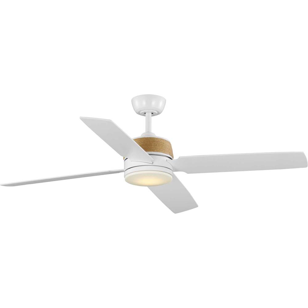Progress Lighting Schaffer II Collection 56 in. Four-Blade Satin White Modern Organic Ceiling Fan with Integrated LED Lamped Light and Natural Jute Accents