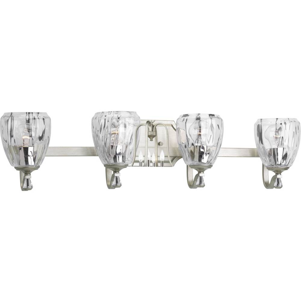 Progress Lighting Anjoux Collection Four-Light Silver Ridge Clear Water Glass Luxe Bath Vanity Light