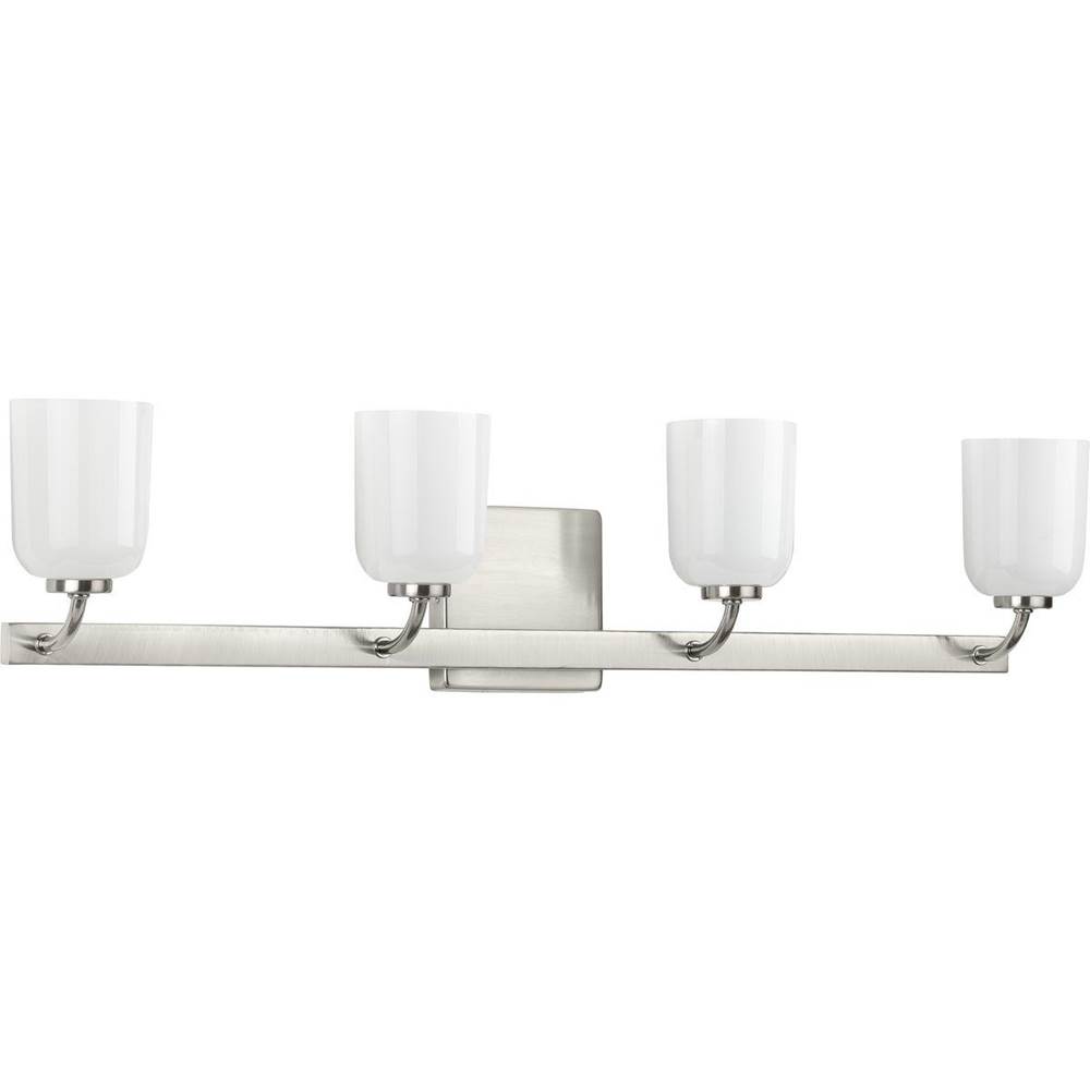 Progress Lighting Moore Collection Four-Light Brushed Nickel White Opal Glass Luxe Bath Vanity Light