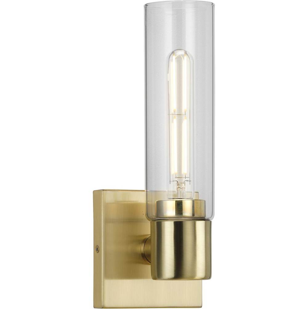 Progress Lighting Clarion Collection One-Light Satin Brass and Clear Glass Modern Style Bath Vanity Wall Light