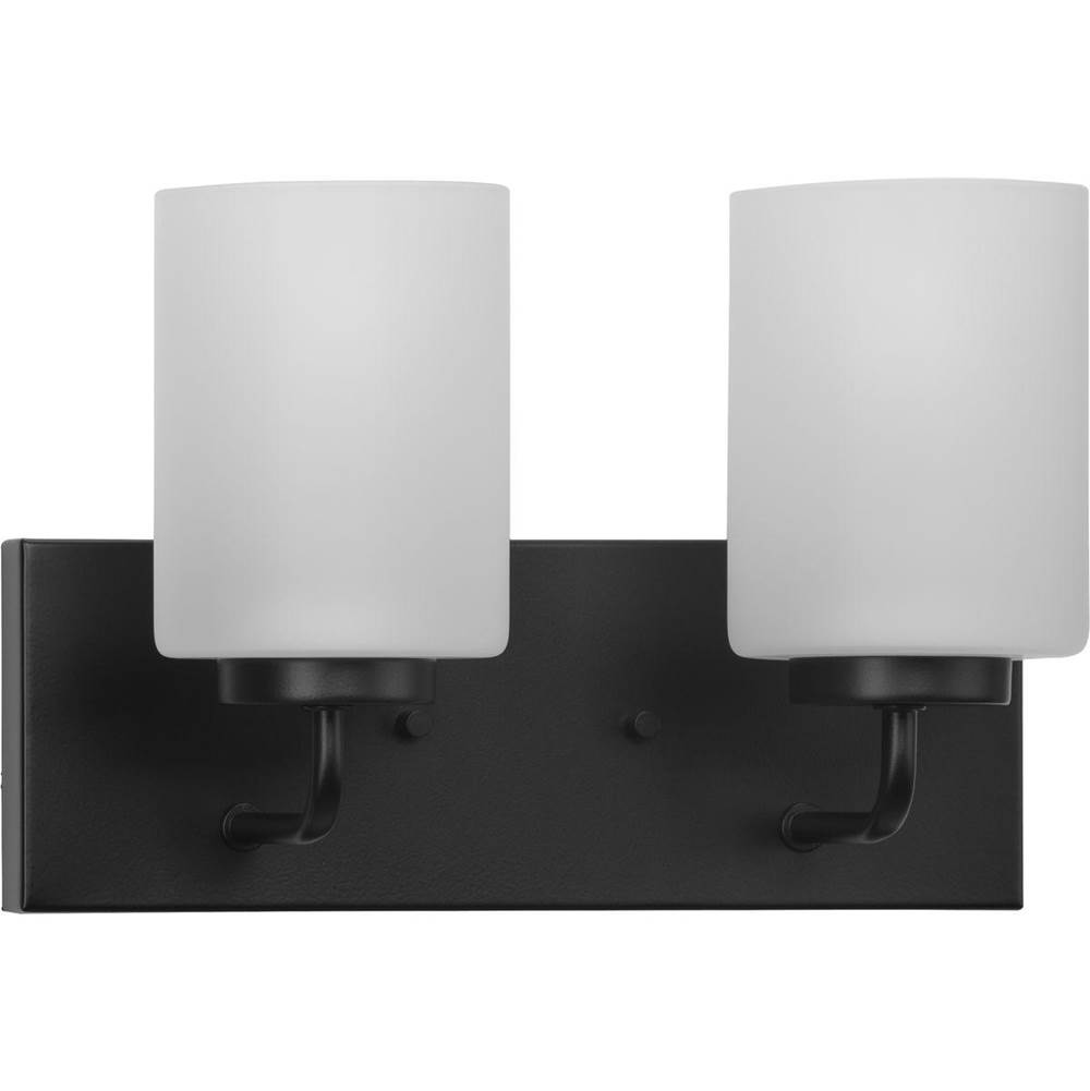 Progress Lighting Merry Collection Two-Light Matte Black and Etched Glass Transitional Style Bath Vanity Wall Light