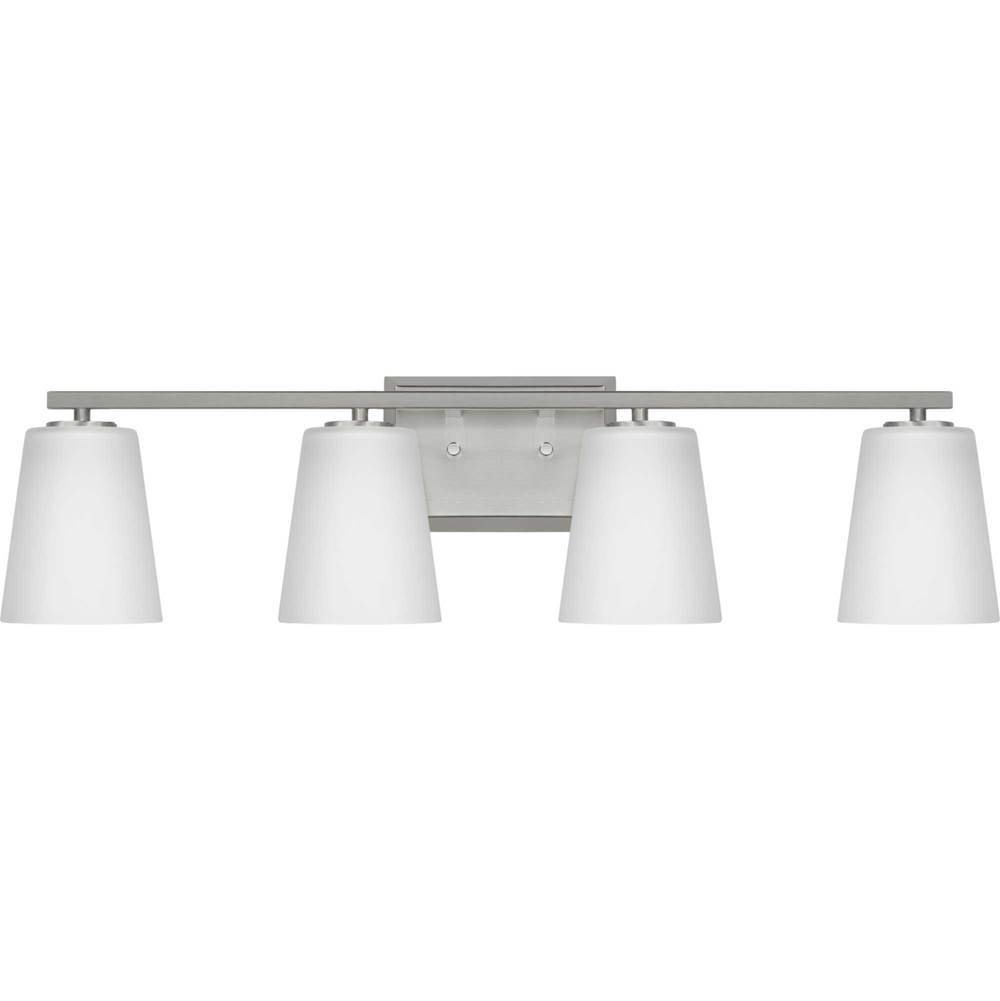 Progress Lighting Vertex Collection Four-Light Brushed Nickel Etched White Glass Contemporary Bath Light