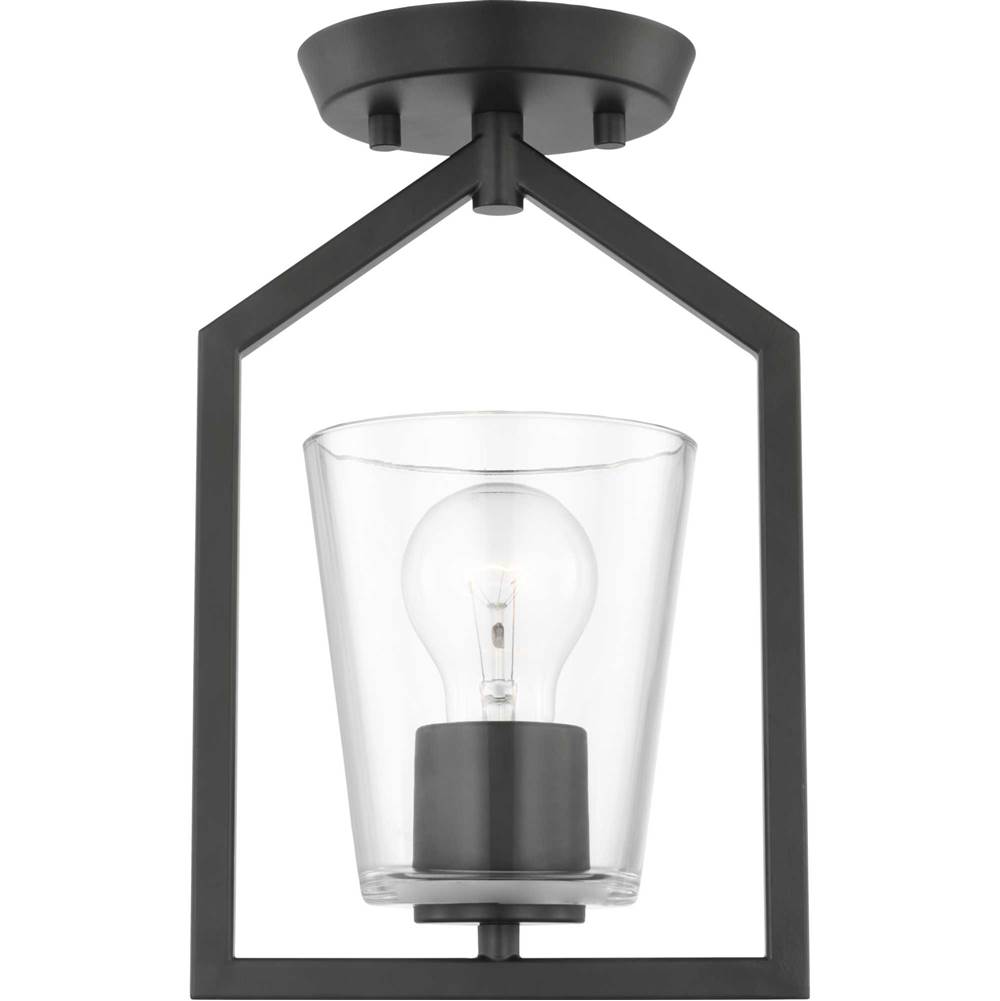 Progress Lighting Vertex Collection One-Light Matte Black Clear Glass Contemporary Semi-Flush Mount with