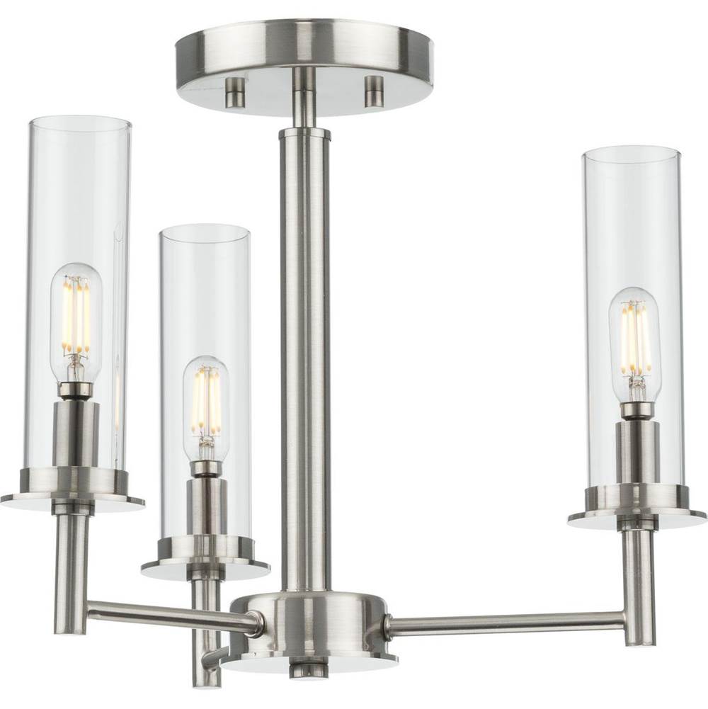 Progress Lighting Kellwyn Collection Three-Light Brushed Nickel and Clear Glass Transitional Style Convertible Semi-Flush Ceiling or Hanging Pendant Light
