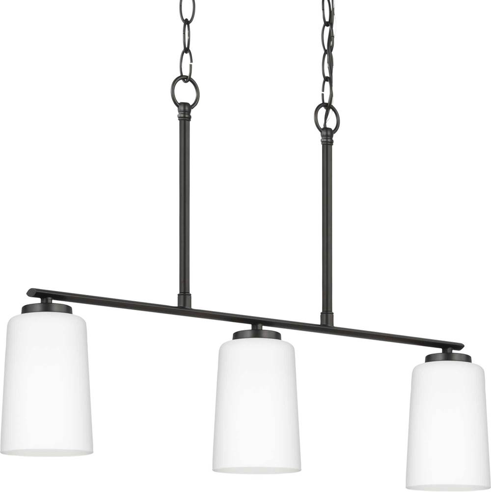 Progress Lighting Adley Collection Three-Light Matte Black Etched White Glass New Traditional Linear Chandelier