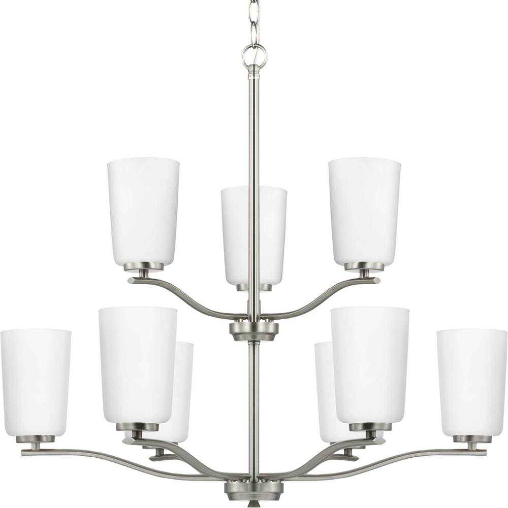 Progress Lighting Adley Collection Nine-Light Brushed Nickel Etched White Opal Glass New Traditional Chandelier