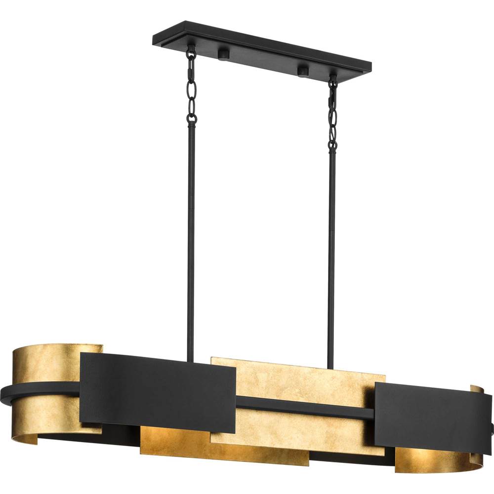 Progress Lighting Lowery Collection Four-Light Textured Black Industrial Luxe Linear Chandelier with Distressed Gold Leaf Accent