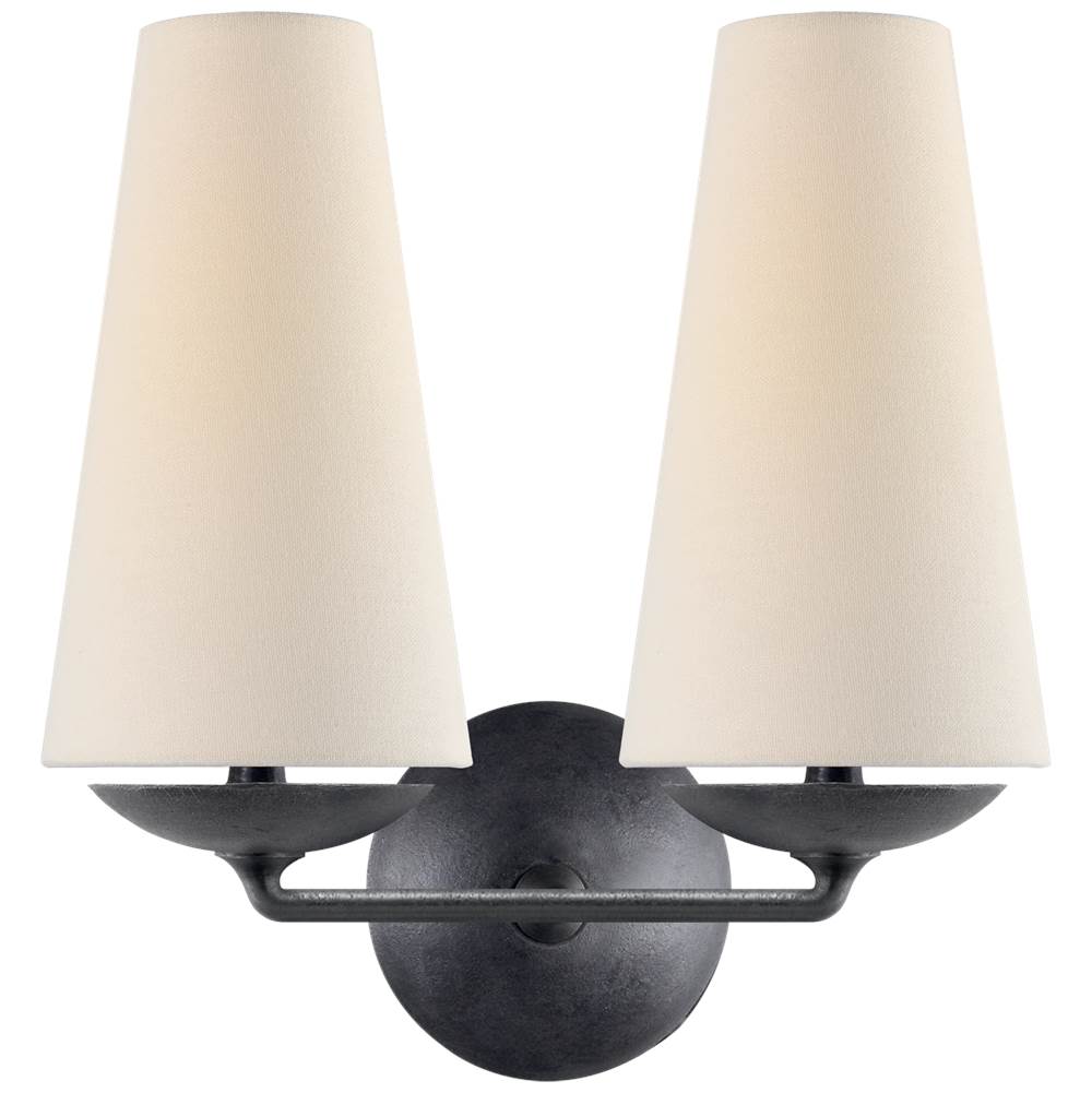Visual Comfort Signature Collection Fontaine Double Sconce in Aged Iron with Linen Shades