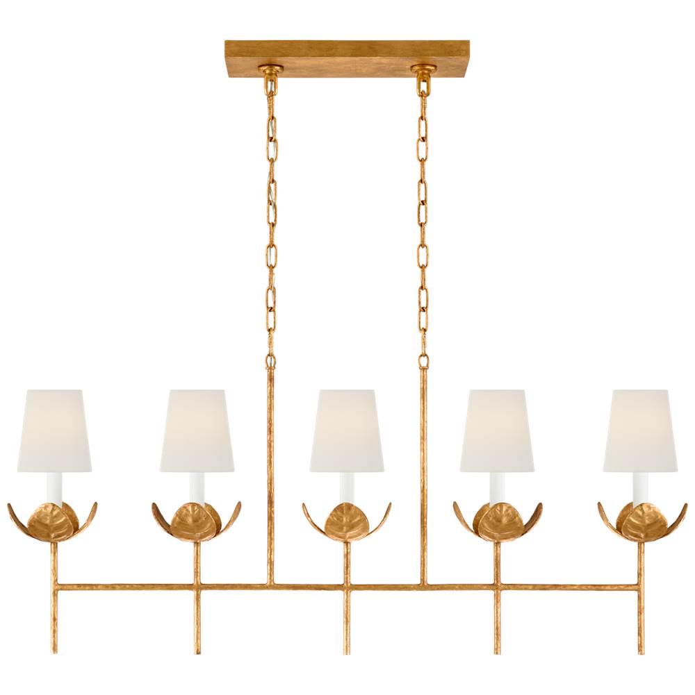 Visual Comfort Signature Collection Illana Large Linear Chandelier in Antique Gold Leaf with Linen Shade