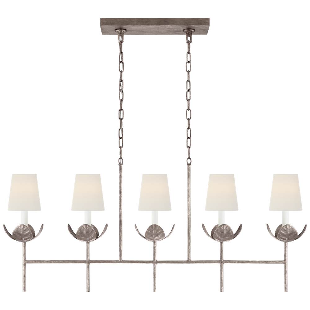 Visual Comfort Signature Collection Illana Large Linear Chandelier in Burnished Silver Leaf with Linen Shade