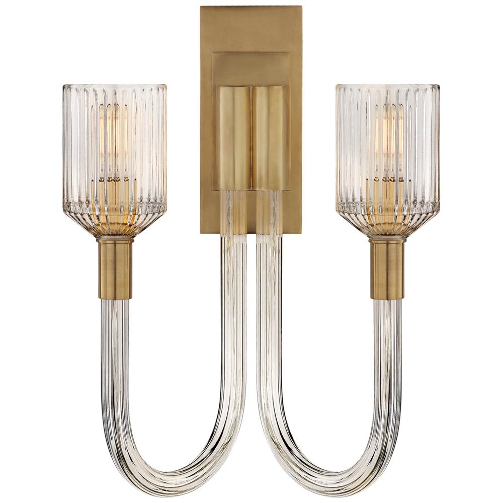 Visual Comfort Signature Collection Reverie Double Sconce in Clear Ribbed Glass and Antique-Burnished Brass