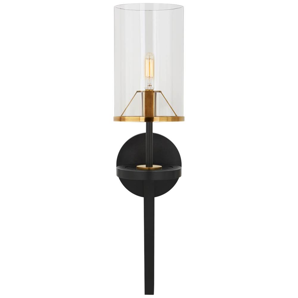 Visual Comfort Signature Collection Vivier Single Sconce in Blackened Iron and Hand-Rubbed Antique Brass with Cylinder Clear Glass