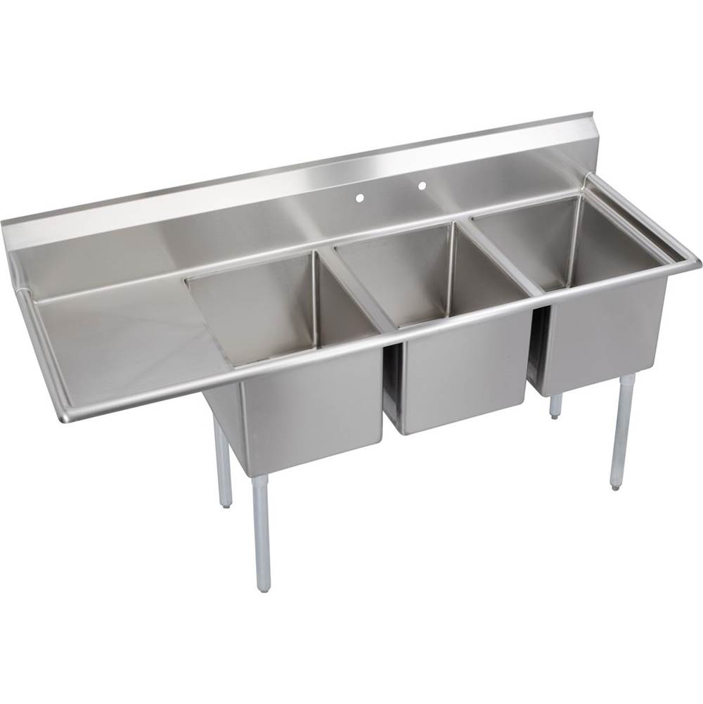 Elkay Dependabilt Stainless Steel 72-1/2'' x 25-13/16'' x 43-3/4'' 18 Gauge Three Compartment Sink w/ 18'' Left Drainboard and Stainless Steel Legs