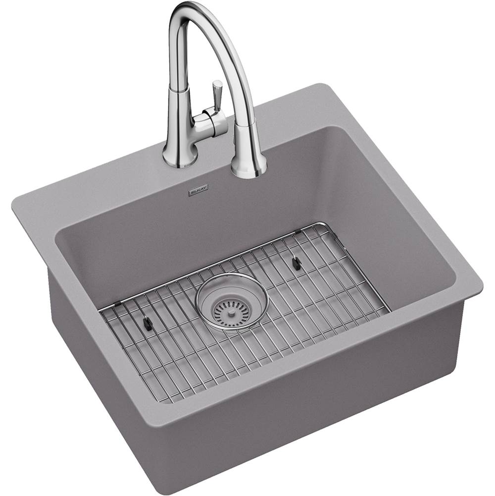 Elkay Quartz Classic 25'' x 22'' x 9-1/2'', Single Bowl Drop-in Sink Kit with Faucet, Greystone