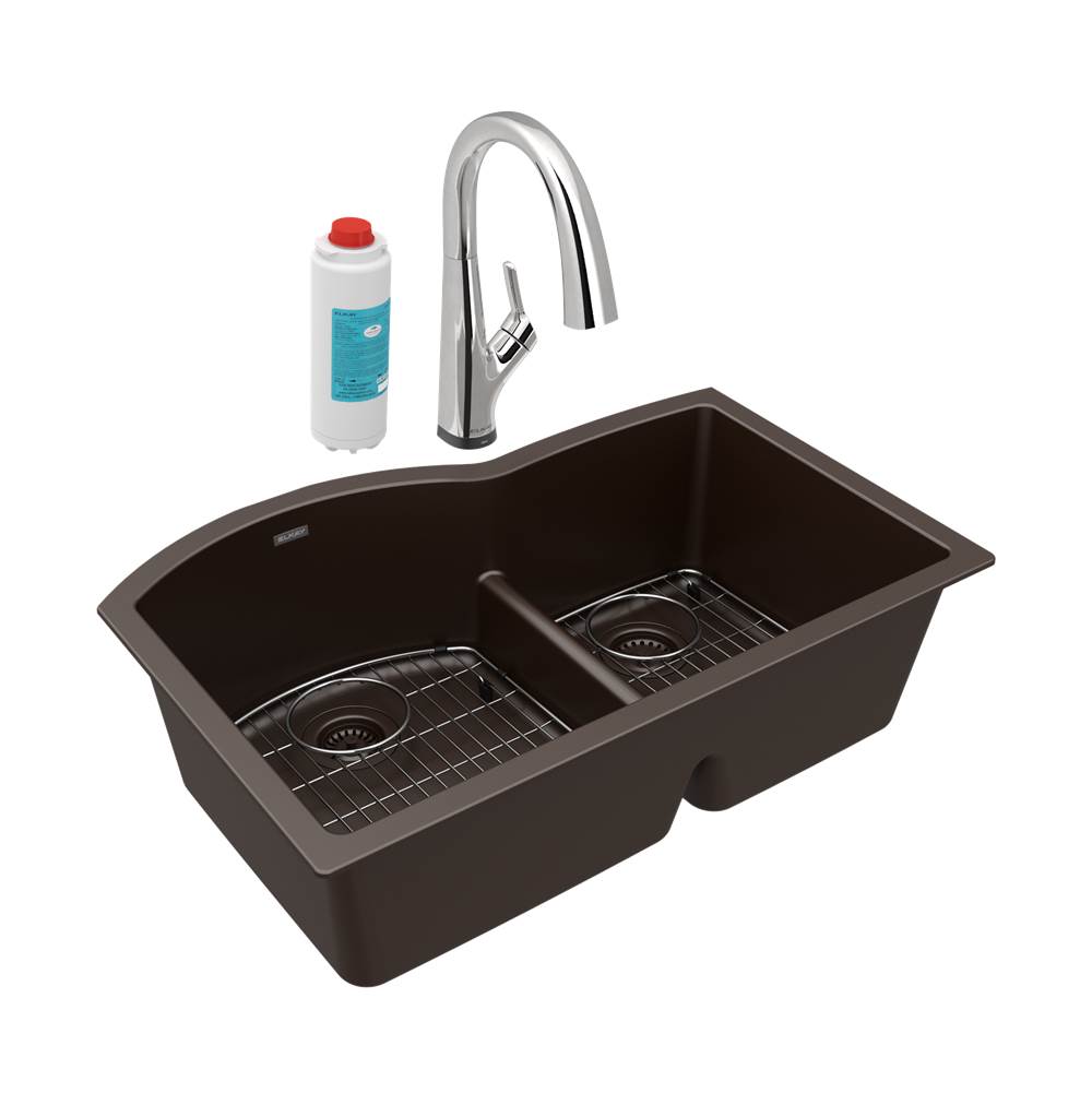 Elkay Quartz Classic 33'' x 22'' x 10'', Offset 60/40 Double Bowl Undermount Sink Kit with Filtered Faucet with Aqua Divide, Mocha