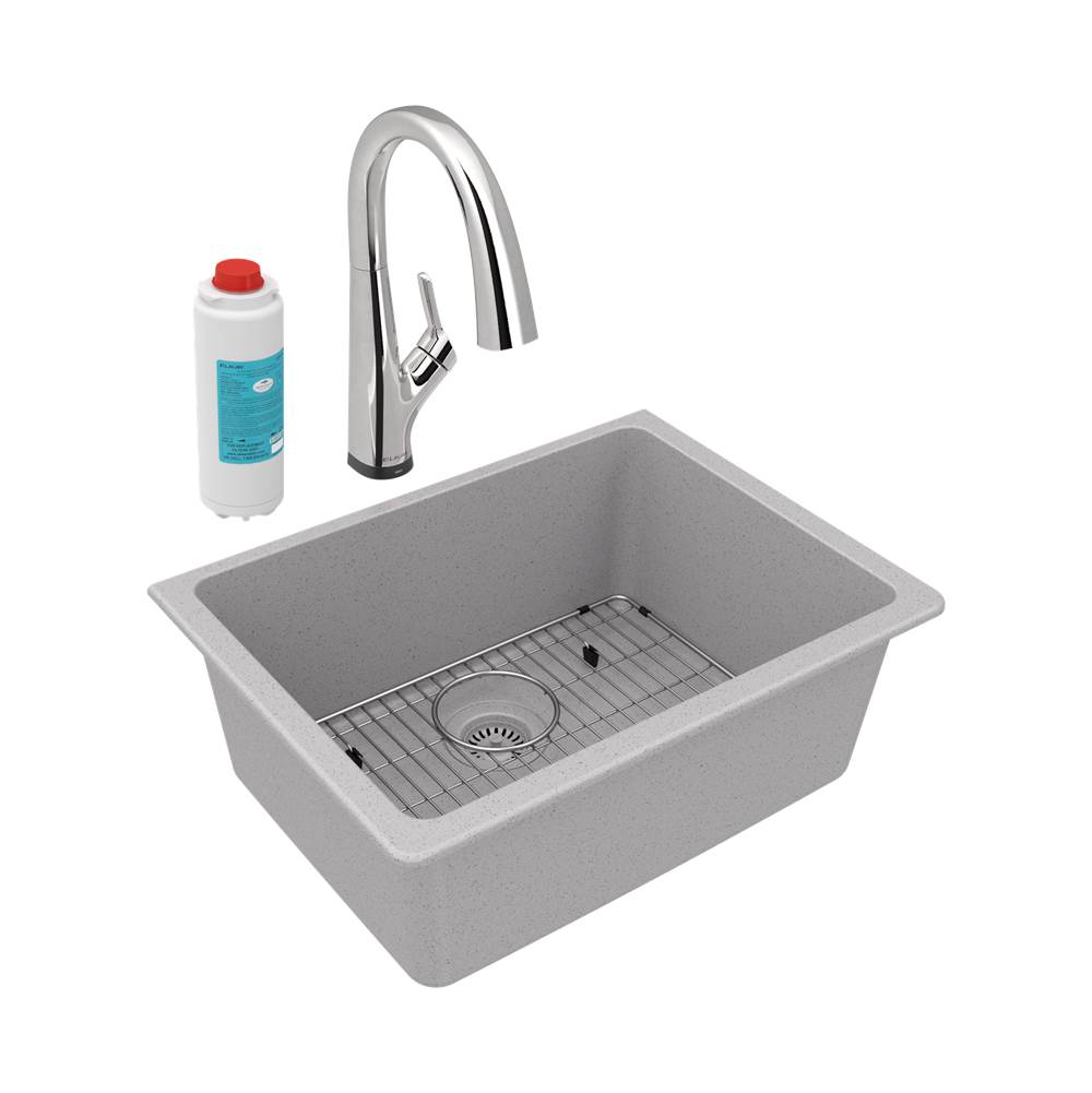 Elkay Quartz Classic 24-5/8'' x 18-1/2'' x 9-1/2'', Single Bowl Undermount Sink Kit with Filtered Faucet, Greystone