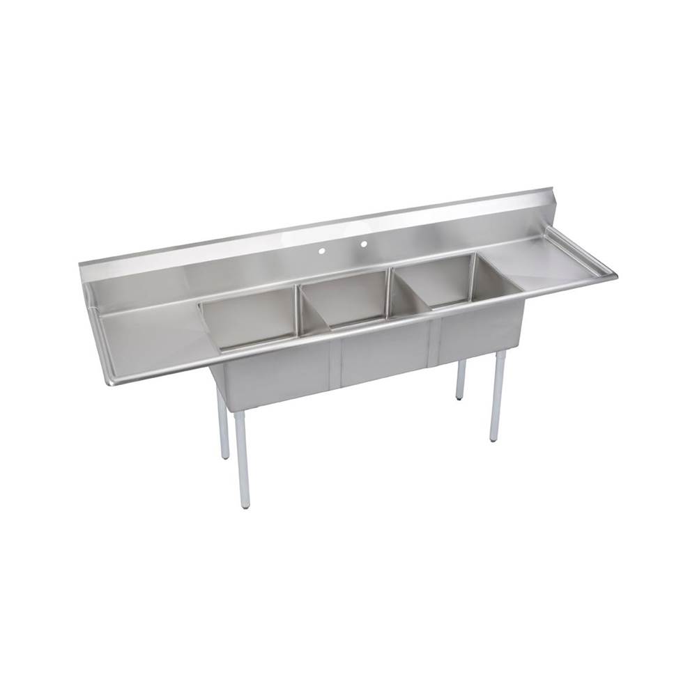Elkay Dependabilt Stainless Steel 90'' x 23-13/16'' x 43-3/4'' 18 Gauge Three Compartment Sink w/ 18'' Left and Right Drainboards and Stainless Steel Legs