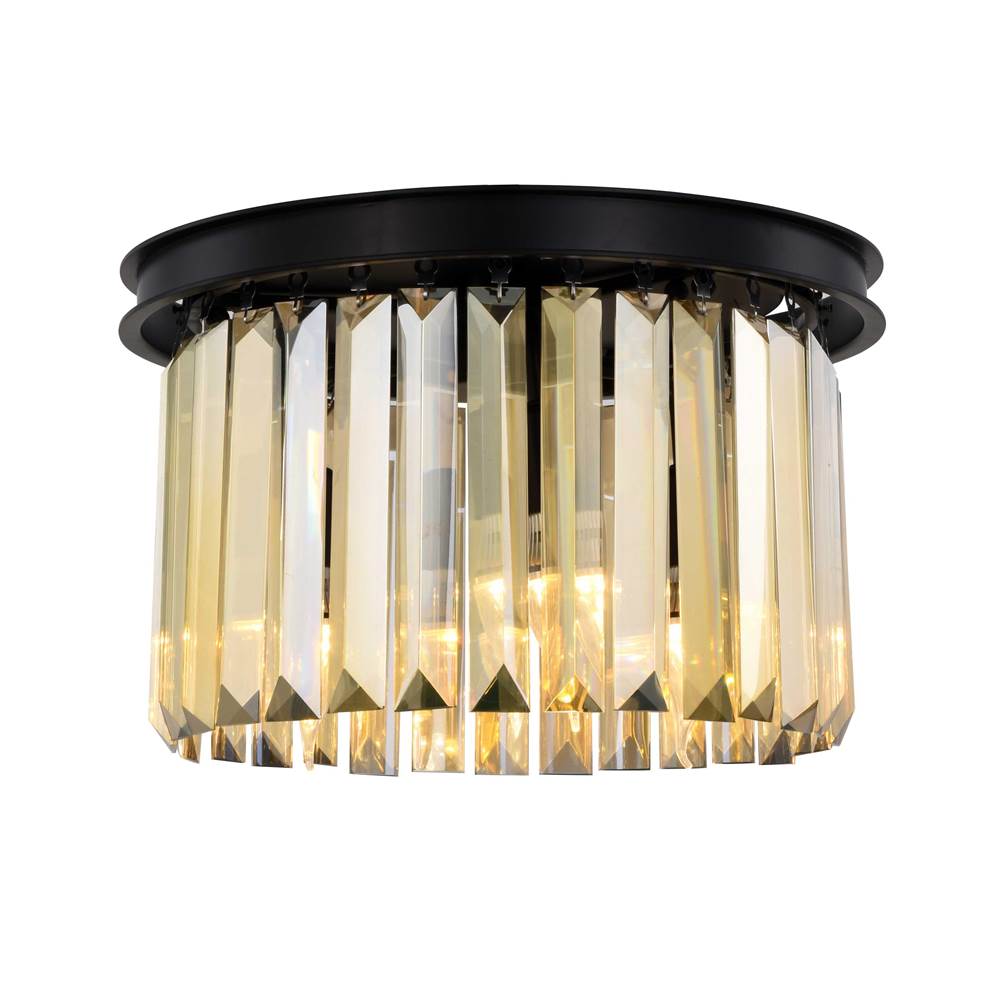 Elegant Lighting Sydney 3 Light Matte Black Flush Mount Golden Teak (Smoky) Royal Cut Crystal