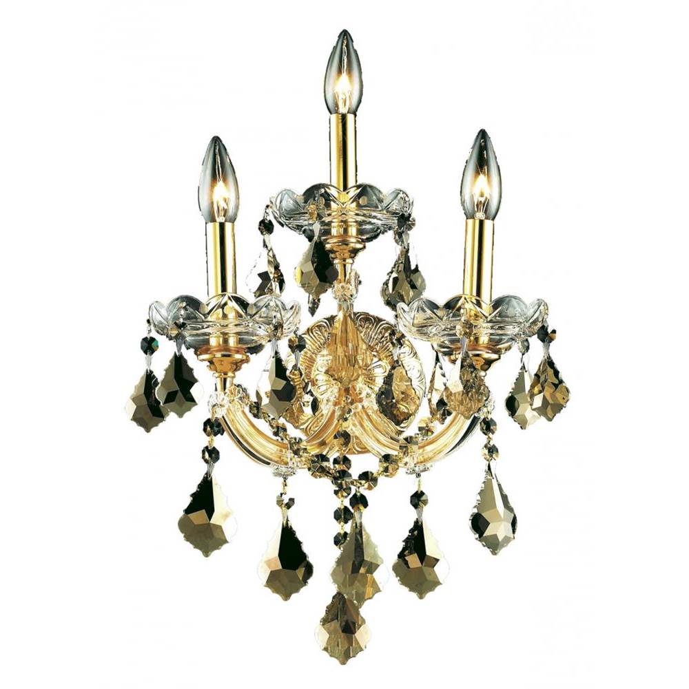 Elegant Lighting Maria Theresa 3 Light Gold Wall Sconce Golden Teak (Smoky) Royal Cut Crystal