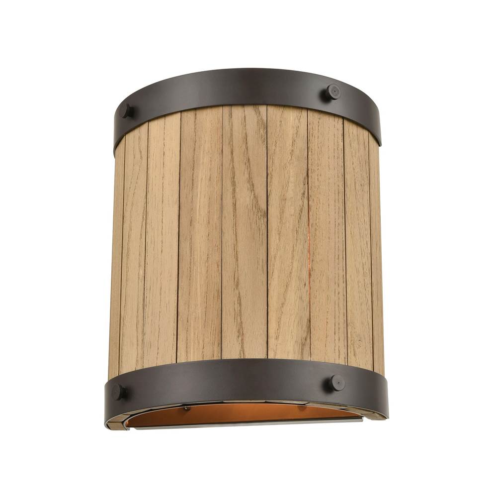 Elk Lighting Wooden Barrel 2-Light Sconce in Oil Rubbed Bronze With Slatted Wood Shade in Natural
