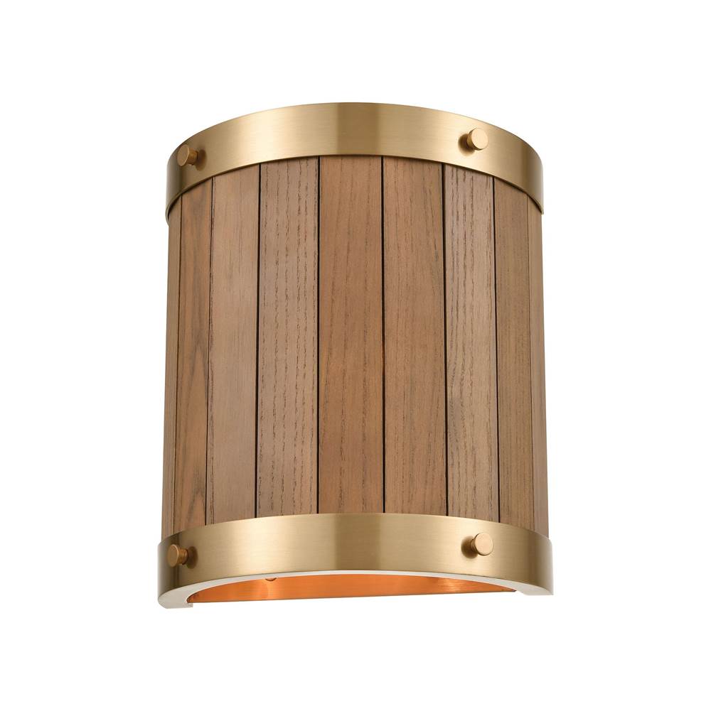 Elk Lighting Wooden Barrel 2-Light Sconce in Satin Brass With Slatted Wood Shade in Medium Oak