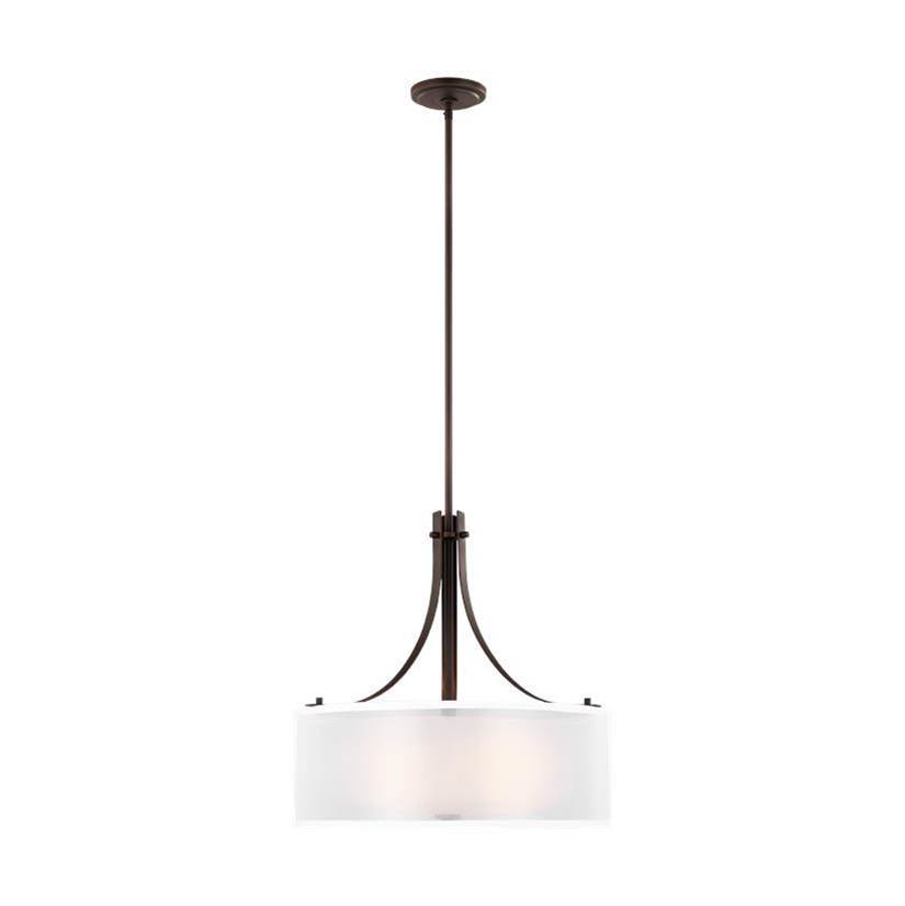 Generation Lighting Elmwood Park 3-Light Ceiling Pendant Hanging Chandelier Pendant Light In Bronze W/Satin Etched Glass Shade And Off White Organza Silk Shade
