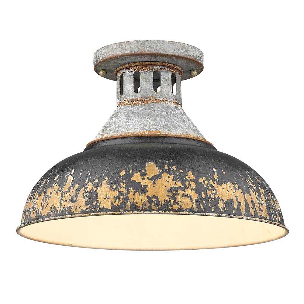 Golden Lighting Kinsley Semi-Flush in Aged Galvanized Steel with Antique Black Iron Shade