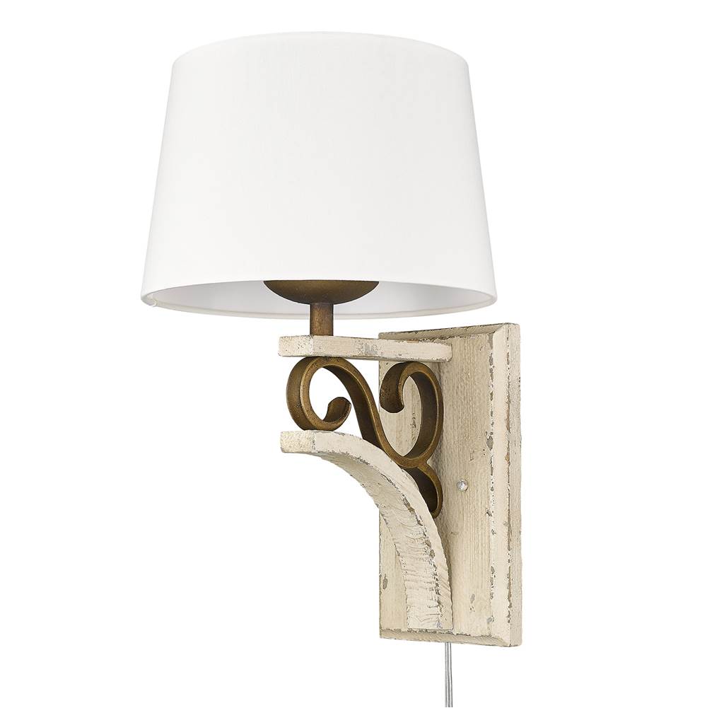 Golden Lighting Solay 1 Light Wall Sconce (Plug-in or Hardwire) in Burnished Chestnut with Ivory Linen Shade