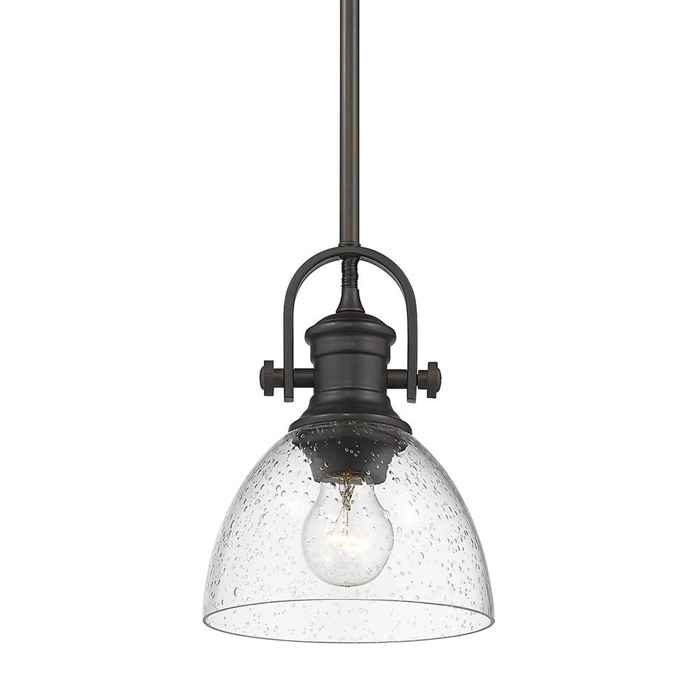 Golden Lighting Hines Mini Pendant in Rubbed Bronze with Seeded Glass