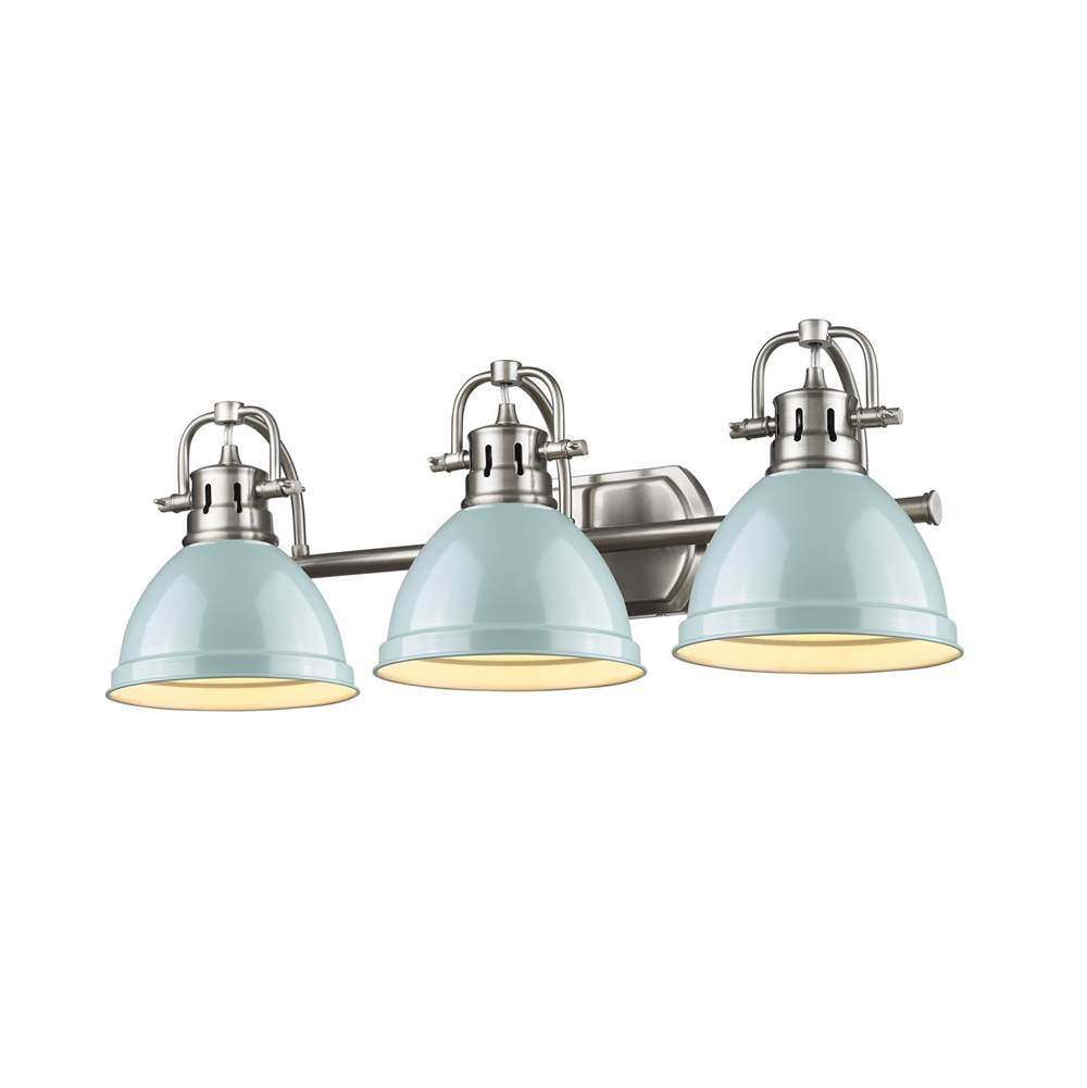Golden Lighting Duncan 3 Light Bath Vanity in Pewter with a Seafoam Shade