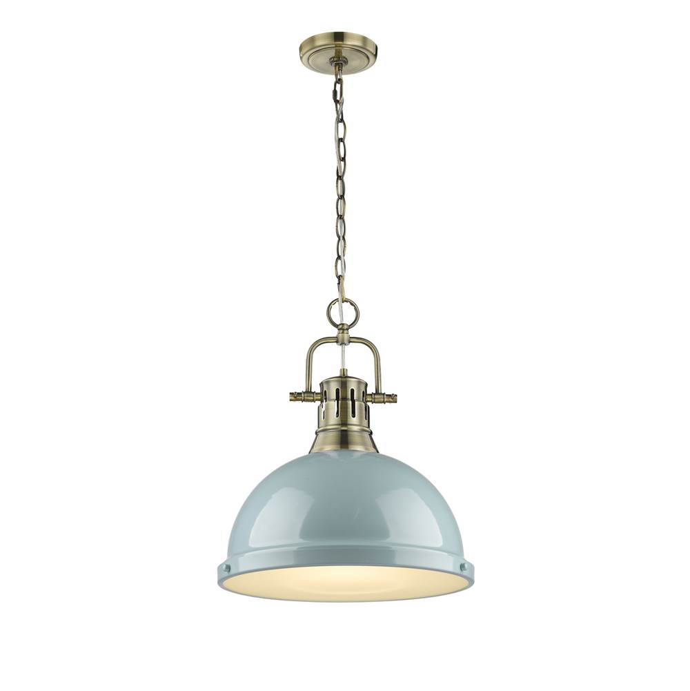 Golden Lighting Duncan 1 Light Pendant with Chain in Aged Brass with a Seafoam Shade