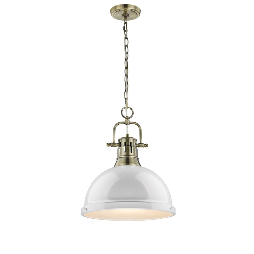 Golden Lighting Duncan 1 Light Pendant with Chain in Aged Brass with a White Shade