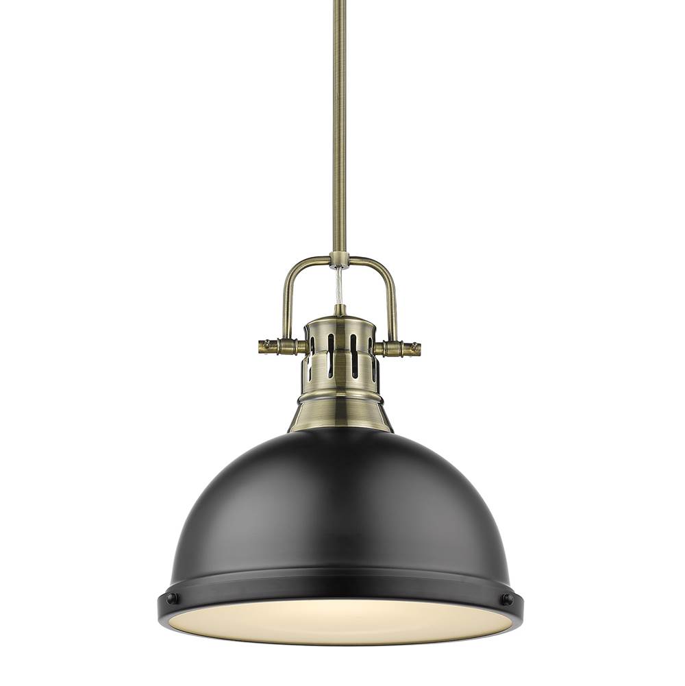 Golden Lighting Duncan 1 Light Pendant with Rod in Aged Brass with a Matte Black Shade