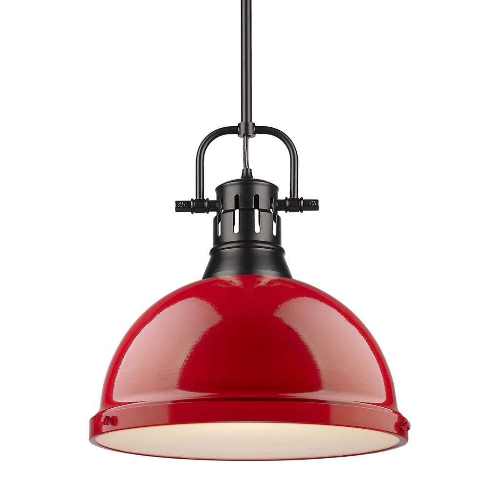 Golden Lighting Duncan 1 Light Pendant with Rod in Matte Black with a Red Shade