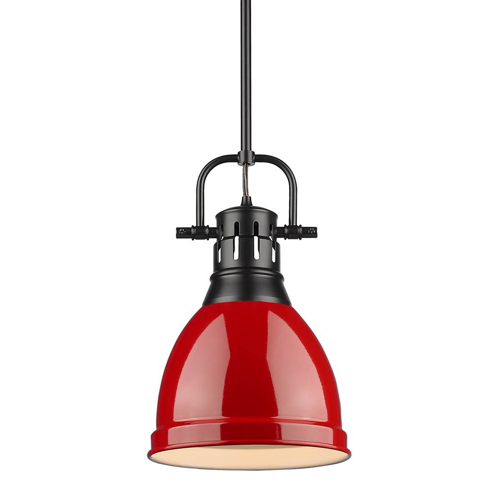 Golden Lighting Duncan Small Pendant with Rod in Matte Black with a Red Shade