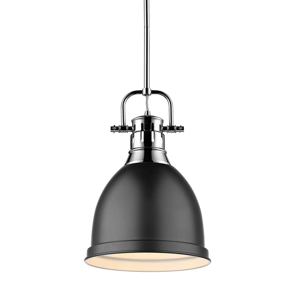 Golden Lighting Duncan Small Pendant with Rod in Chrome with a Matte Black Shade