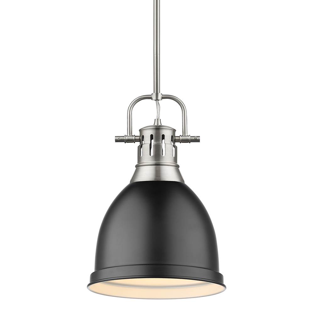 Golden Lighting Duncan Small Pendant with Rod in Pewter with a Matte Black Shade