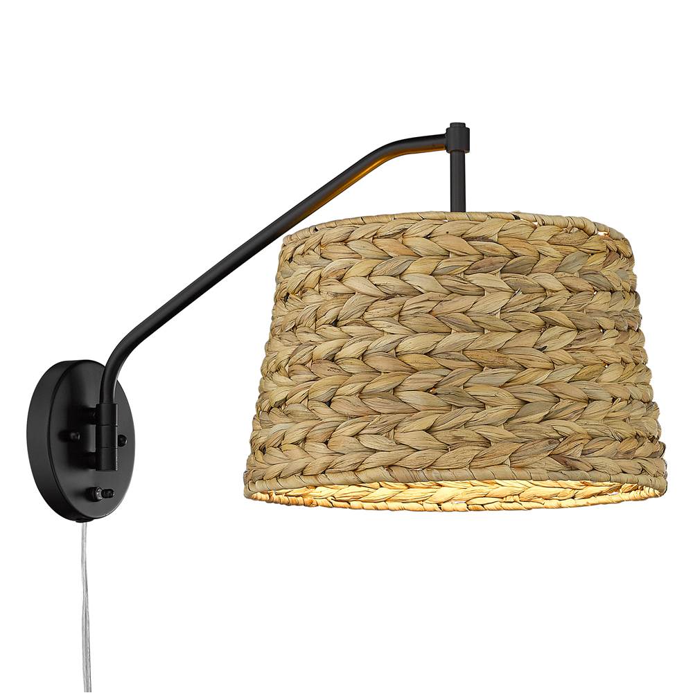 Golden Lighting Ryleigh Articulating Wall Sconce in Matte Black with Woven Sweet Grass Shade
