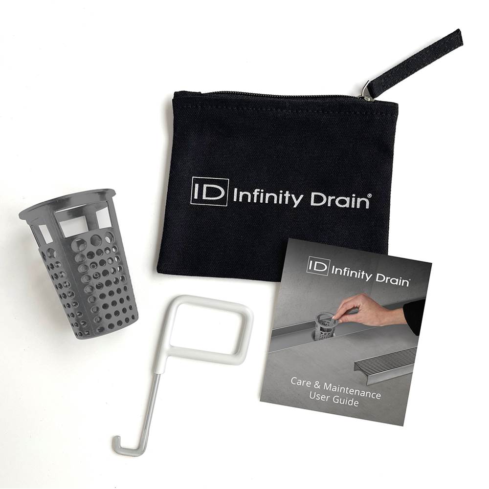 Infinity Drain Hair Maintenance Kit. Includes maintenance guide, AKEY Lift-out key, and (2) HB 65 Hair Baskets.