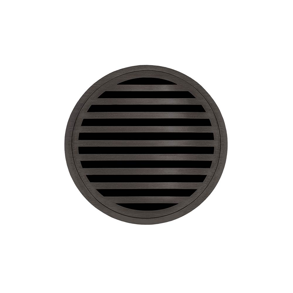 Infinity Drain 5'' Round RNDB 5 Complete Kit with Lines Pattern Decorative Plate in Oil Rubbed Bronze with PVC Bonded Flange Drain Body, 2'', 3'' and 4'' Outlet