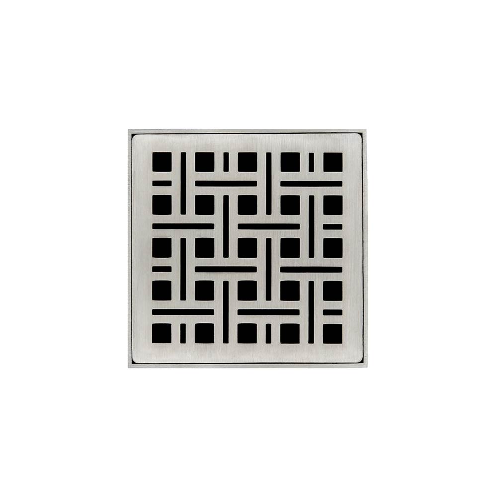 Infinity Drain 4'' x 4'' VDB 4 Complete Kit with Weave Pattern Decorative Plate in Satin Stainless with ABS Bonded Flange Drain Body, 2'', 3'' and 4'' Outlet