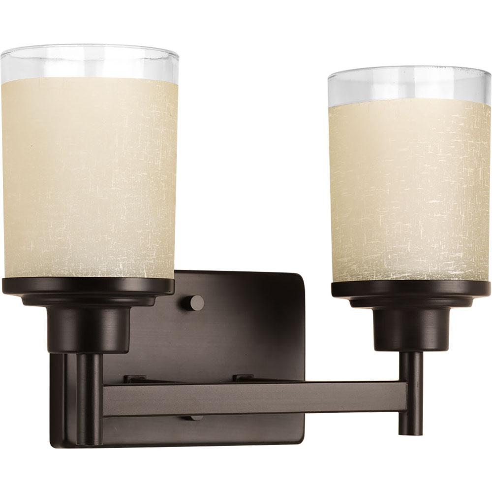 Progress Lighting Alexa Collection Two-Light Antique Bronze Etched Umber Linen With Clear Edge Glass Modern Bath Vanity Light