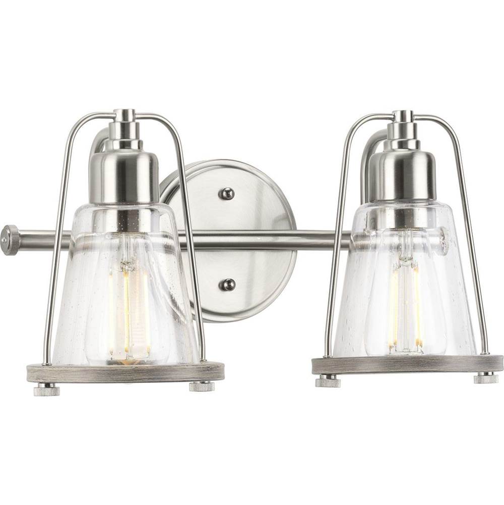 Progress Lighting Conway Collection Two-Light Brushed Nickel and Clear Seeded Farmhouse Style Bath Vanity Wall Light