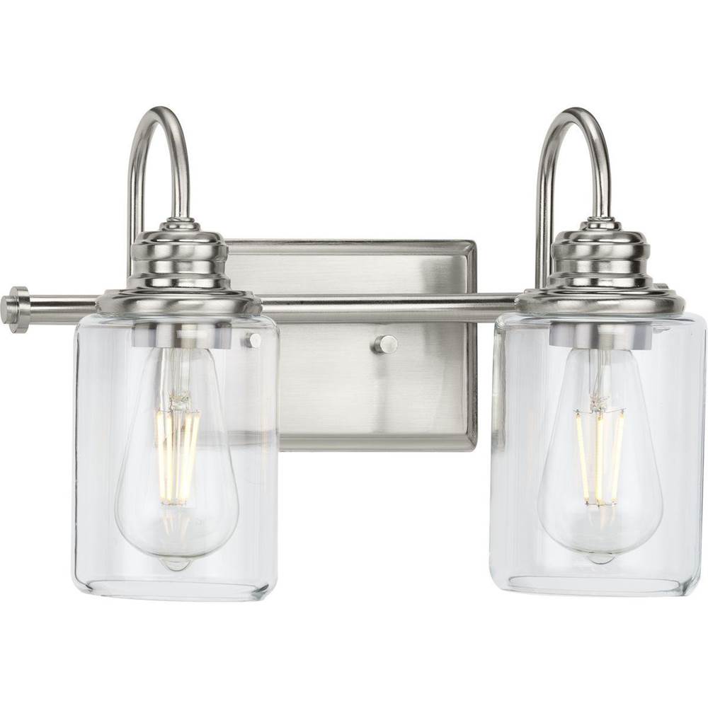 Progress Lighting Aiken Collection Two-Light Brushed Nickel Clear Glass Farmhouse Style Bath Vanity Wall Light