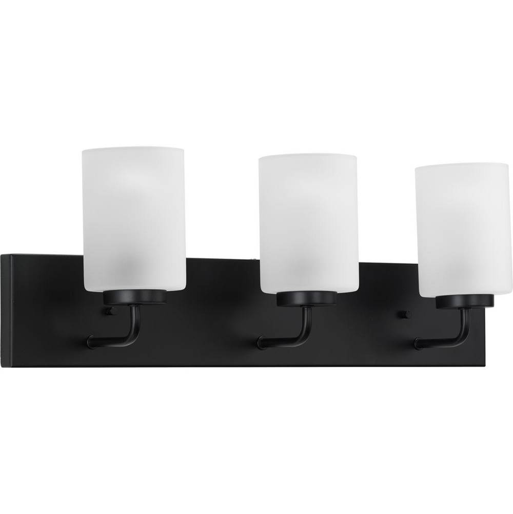 Progress Lighting Merry Collection Three-Light Matte Black and Etched Glass Transitional Style Bath Vanity Wall Light