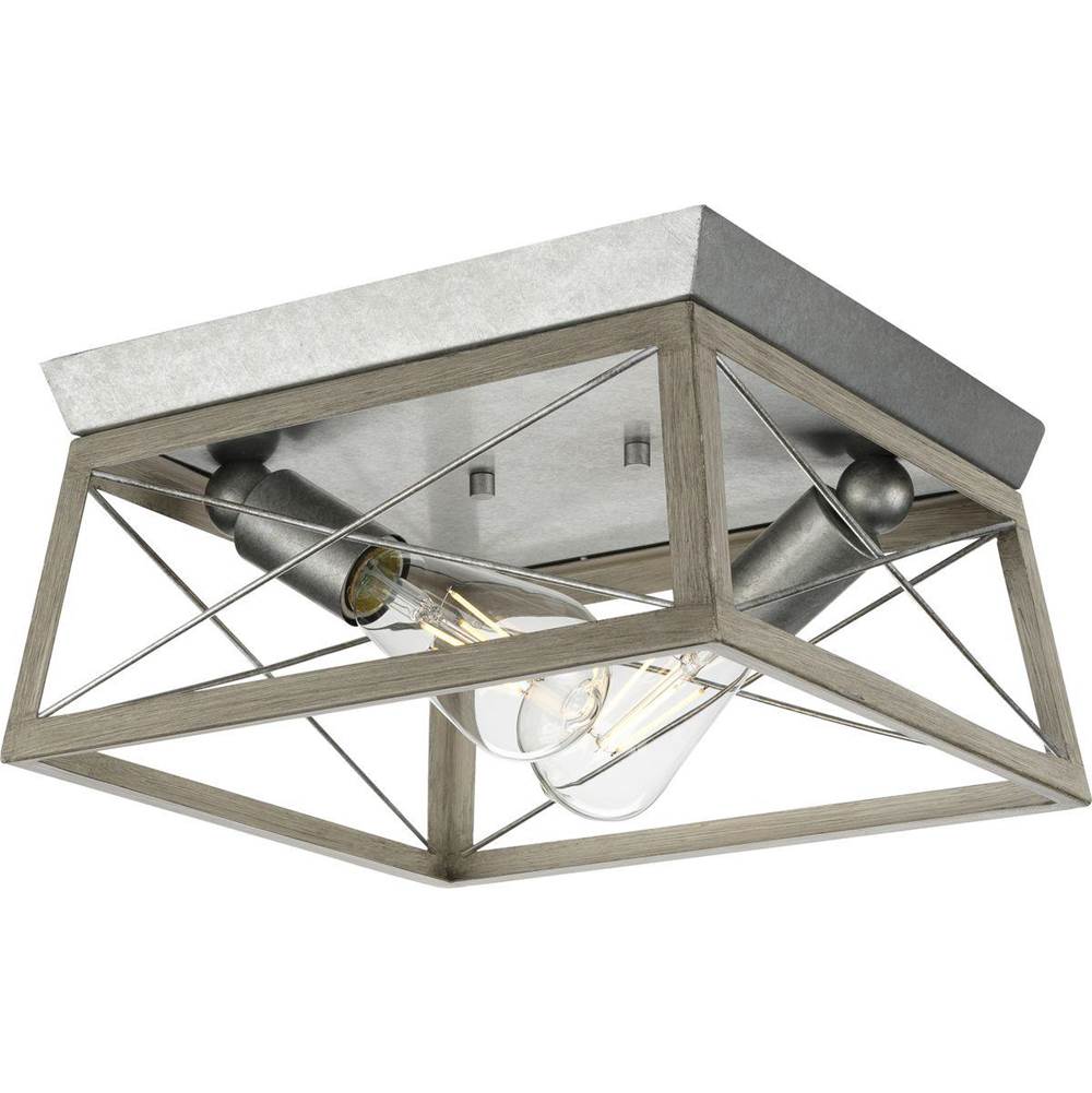 Progress Lighting Briarwood Collection Two-Light Galvanized and Bleached Oak Farmhouse Style Flush Mount Ceiling Light