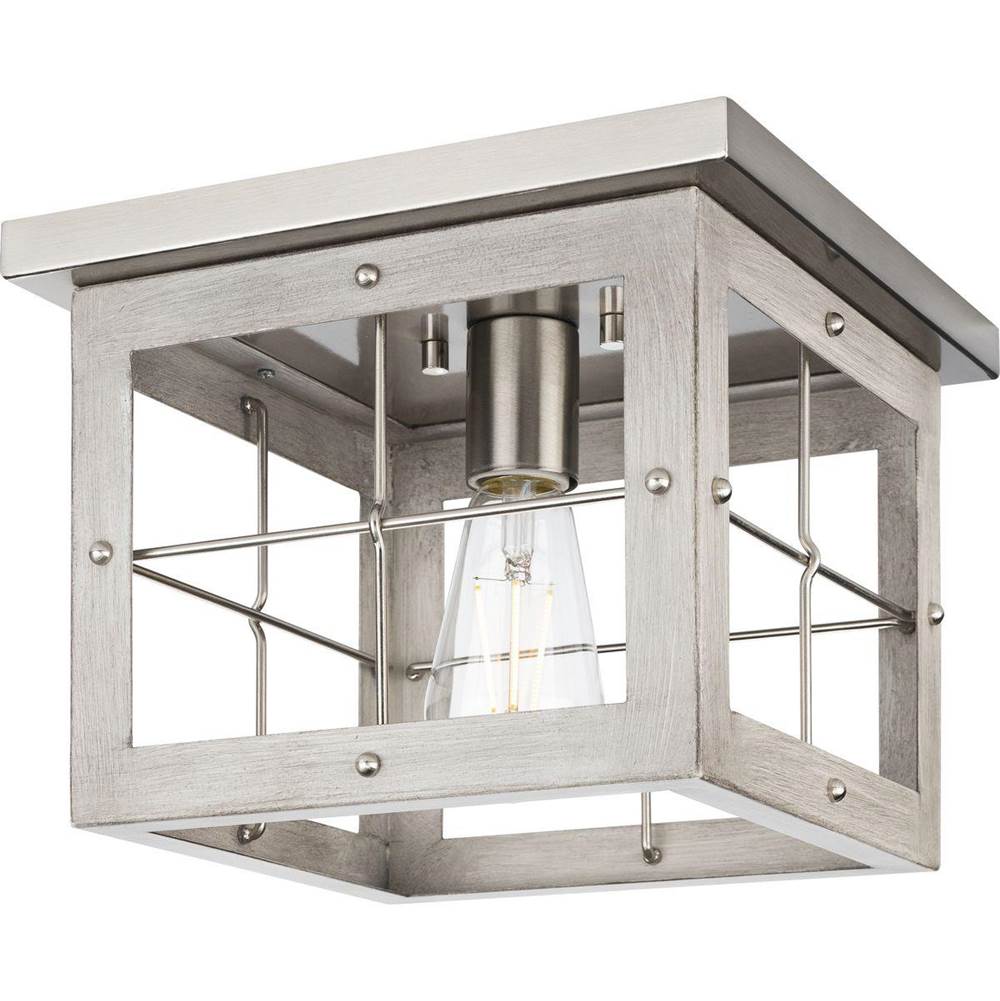 Progress Lighting Hedgerow Collection One-Light Brushed Nickel and Grey Washed Oak Farmhouse Style Flush Mount Ceiling Light